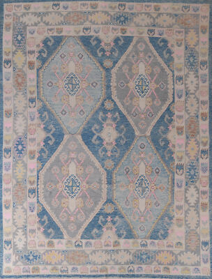 Vegetable Dye Traditional Oushak Turkish Area Rug Hand-Knotted Blue 8x10 ft
