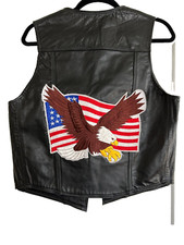Vintage Men's Leather Vest By Raphael, Black with Emblazoned Eagle/Flag on Back