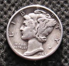 OLD SILVER COIN OF UNITED STATES OF AMERICA 1945 MERCURY DIME WORLD WAR II