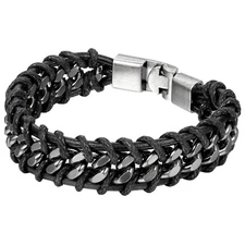 Black Braided Leather Silver Stainless Steel Cuban Chain Men's Bracelet Bangle
