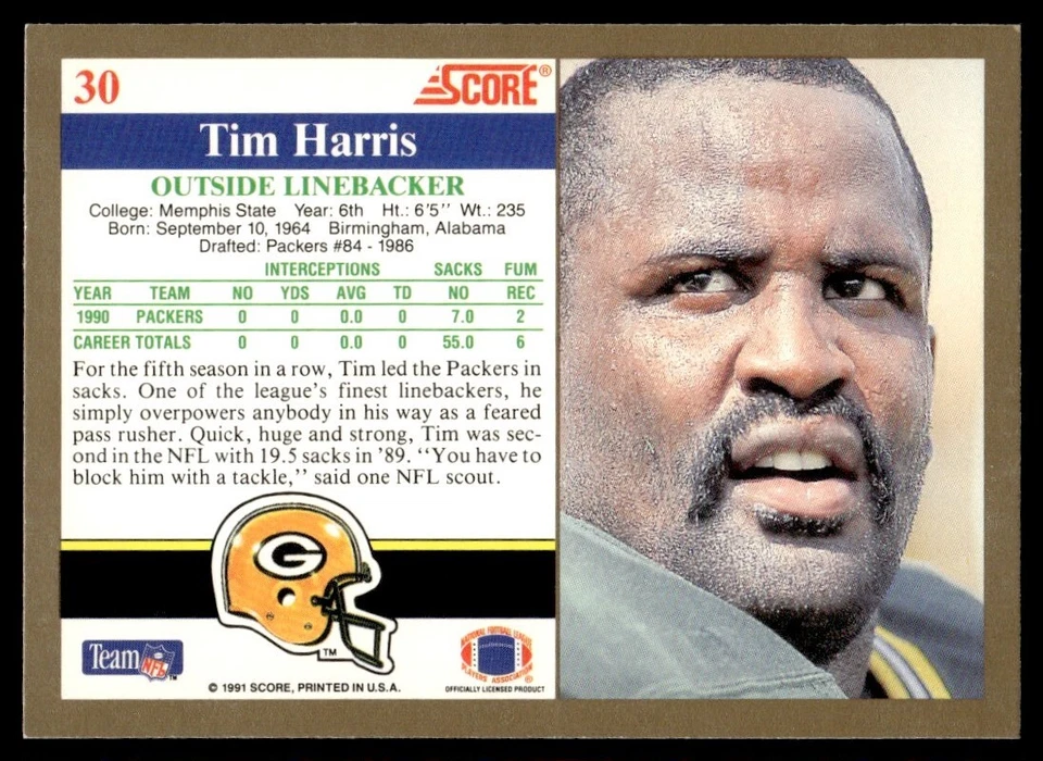 1991 Score ! Tim Harris Green Bay Packers #30 - Image 2 of 2