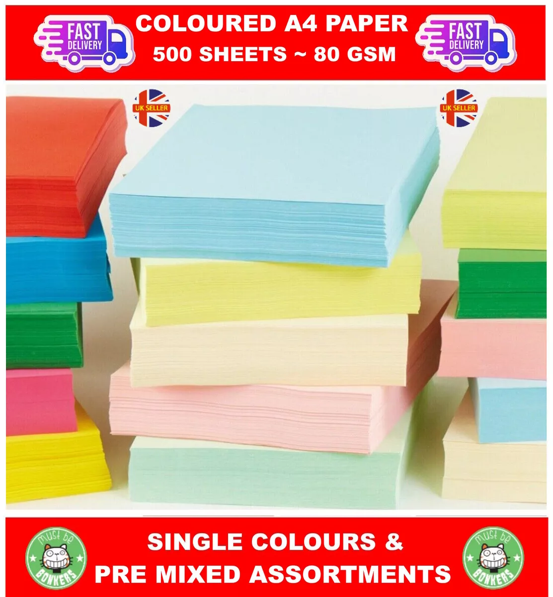 500 x A4 COLOURED PAPER 80GSM SHEETS Standard Printer Copier Ream Arts Craft