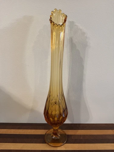 1960's Fenton Valencia Amber Glass Swung Vase Pedestal Base Mid Century 16.5"