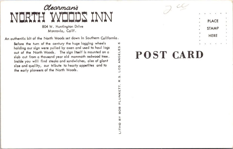 Clearman's North Woods Inn, MONROVIA, California Chrome Advertising ...