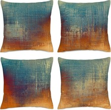 Abstract Teal and Burnt Orange Throw Pillow Covers 18x18 Set of 4, Modern Boh...