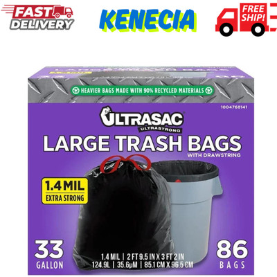 Ultrasac Black Large Heavy Duty Drawstring Trash Bags 33 Gallon 1.4 MIL, 33.5'' X
