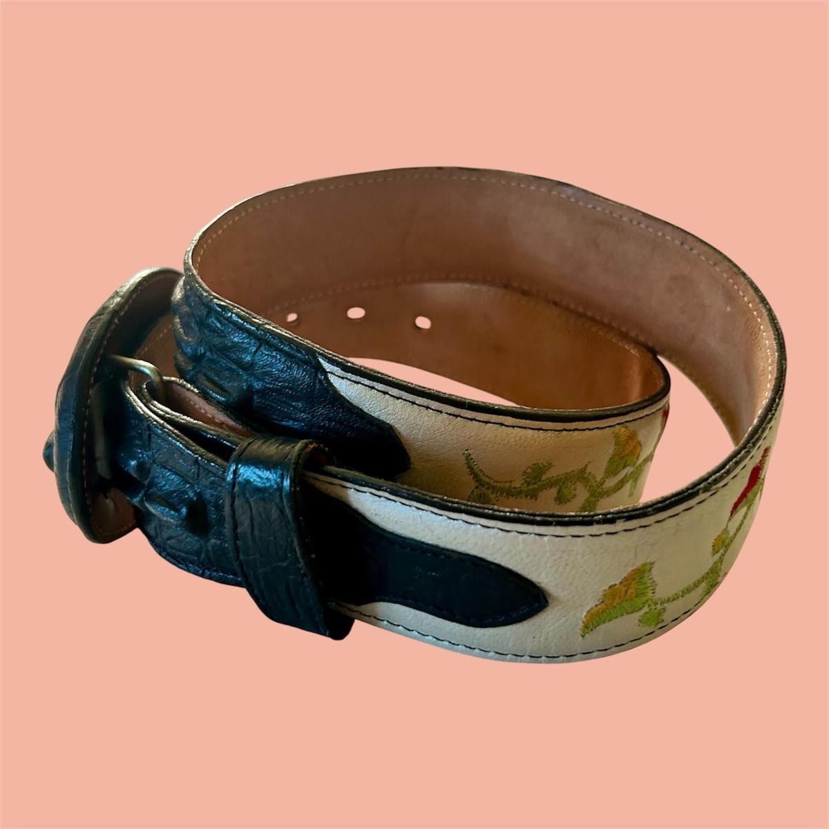Genuine Caiman Crocodile Tail Belt Floral Inlay Stitch Artisanal