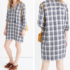 Madewell Artiste Tunic Dress Navy White Plaid Tassel Mini S F5385