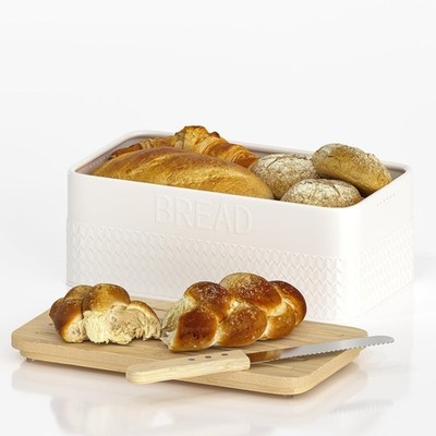Bread Box Kitchen Countertop Metal Bread Storage W/ Bamboo Cutting Board Lid &