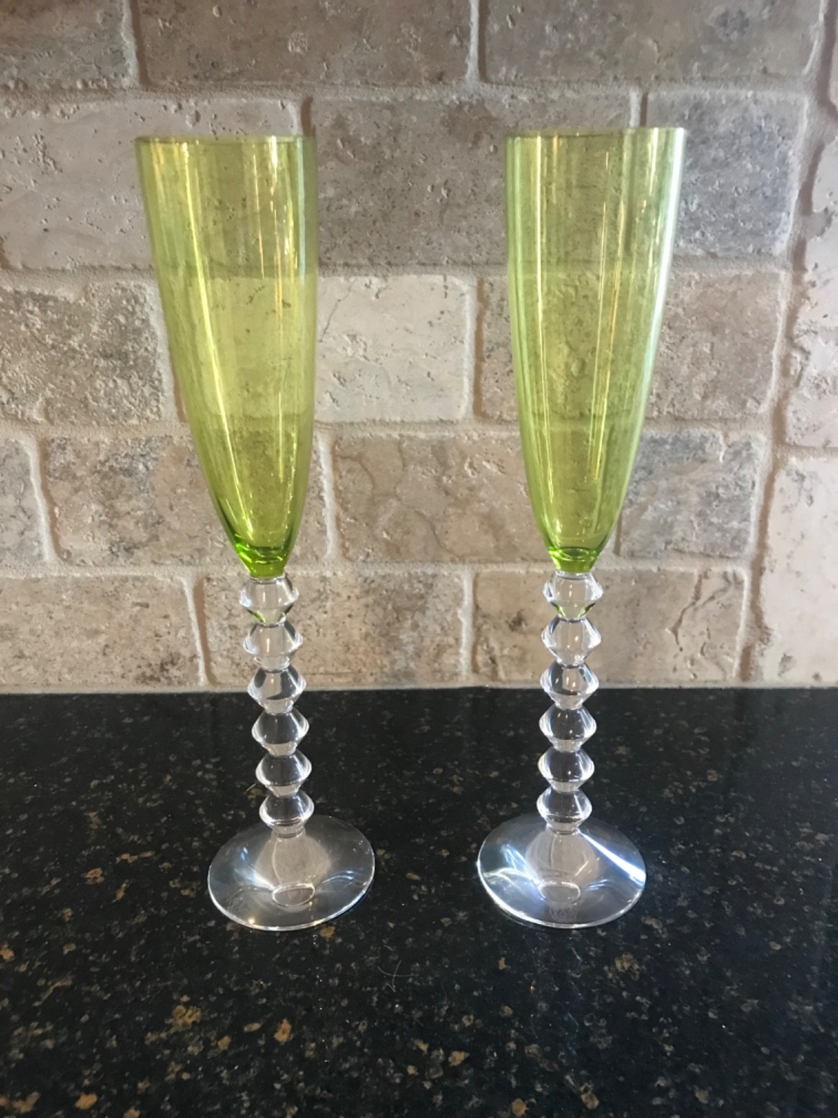 Baccarat Vega Flutissimo Chartreuse/Lime Green Set of 2 Crystal Champagne Flutes