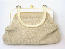 Vintage Midcentury Cream Handbag Textured Body, Clear Lucite Frame Handle