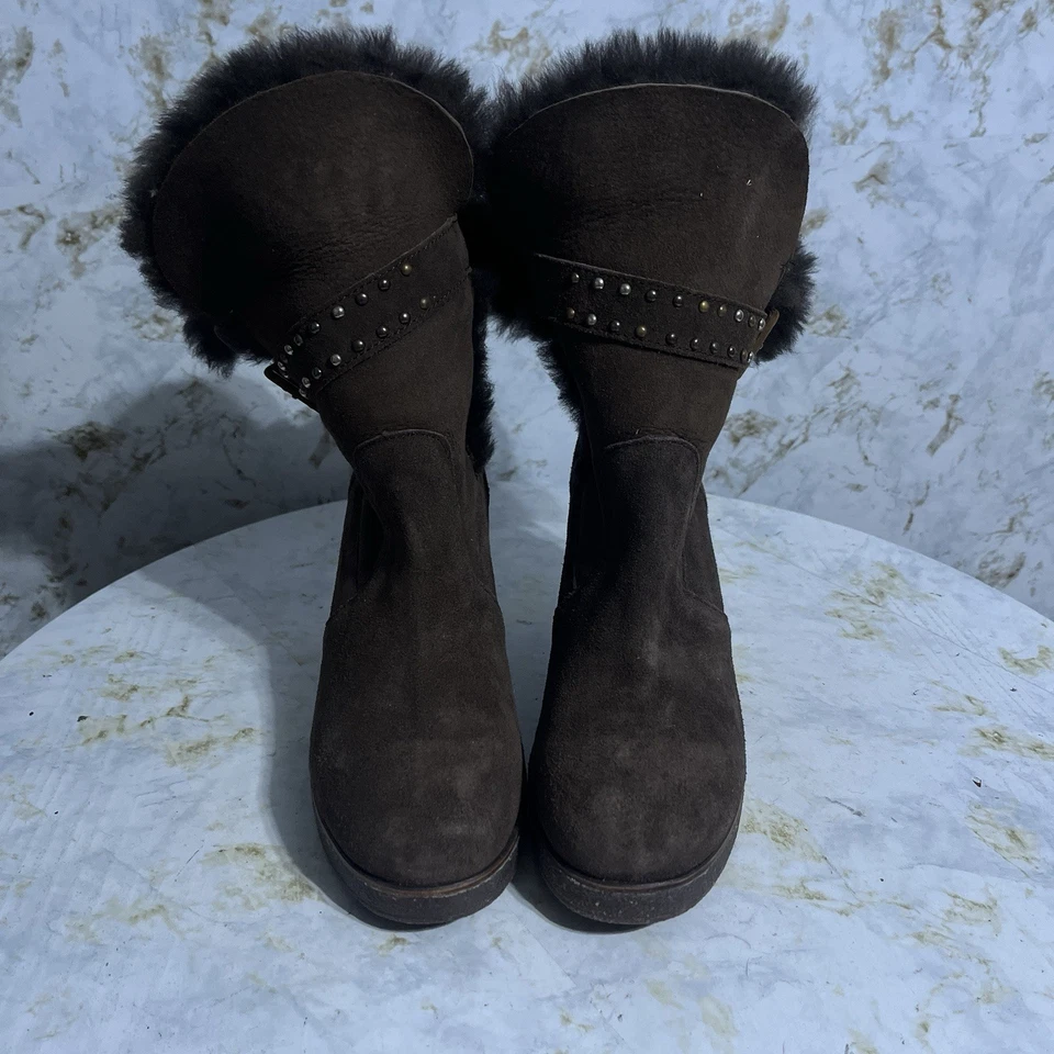 EWU Mujer Talla 10 Zapatos Marrón Gamuza Cómodo Piel Forrado Cuña Botines Foto 3 de 4