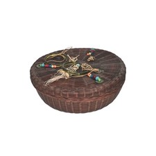 Antique CHINESE Sewing BASKET w art glass Beads Coins Tassel Vintage 11.5"