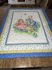 Vintage Baby Quilt Bunny Picnic Crib Nursery Blanket 44x30
