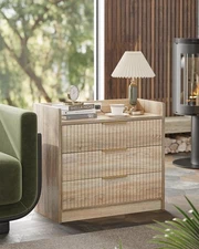 Night Stand with Charging Station, 3 Drawers Fluted Bed Side Table with Round...