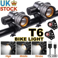 2x LED Mountain Bike Light USB Rechargeable Bicycle Torch Front Rear Waterproof