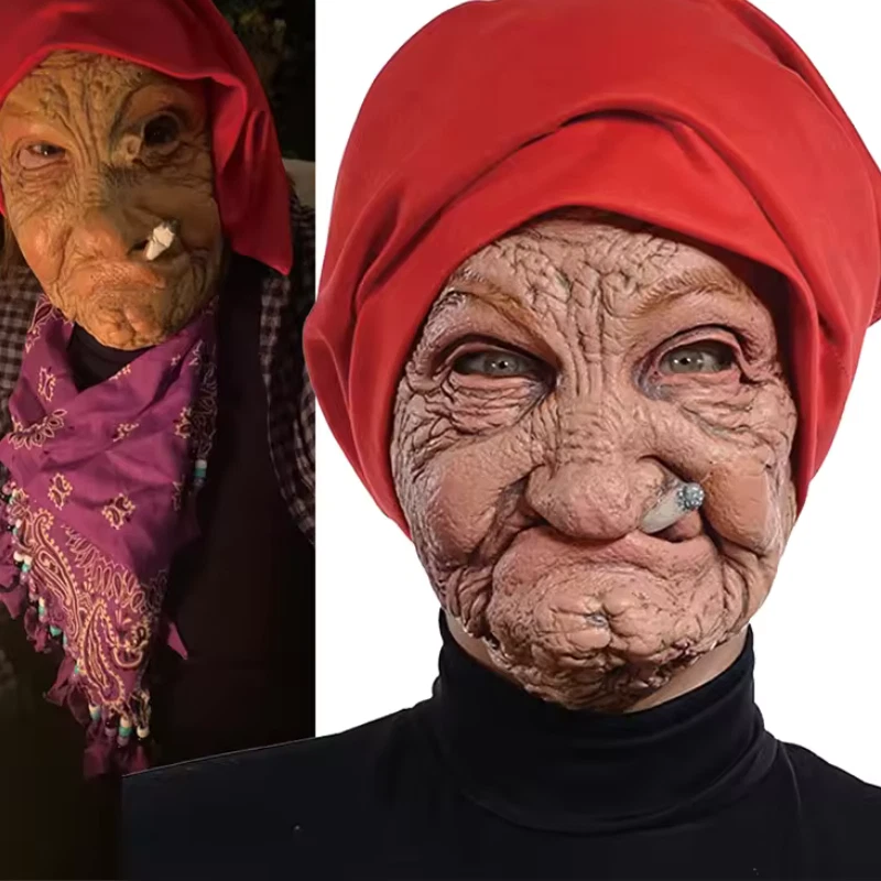 Smoking Old Grandmother Mask Realistic Latex Halloween Costume Cosplay Prop - Image 2 of 4