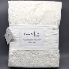 3pc Nicole Miller Artelier Ivory Queen Duvet Cover Sham Set Matelasse Cotton