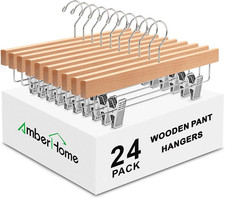Amber Home 24 Pack Natural Wooden Pants Hangers with Clips, Wood Skirt Hangers T