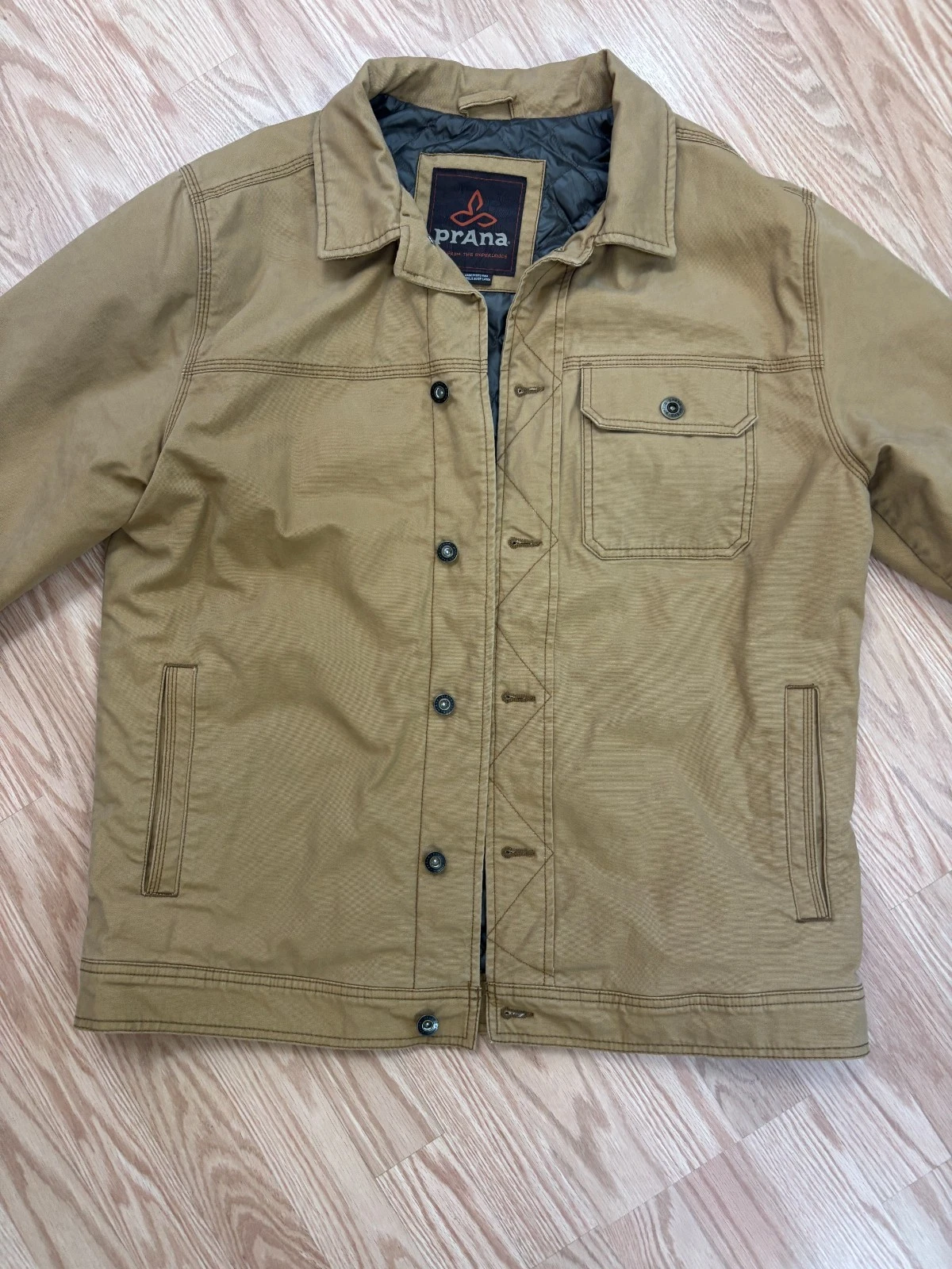 prAna Trembly Insulated Jacket Mens Large Tan Canvas Quilted Lined Button Front - product detail image 3