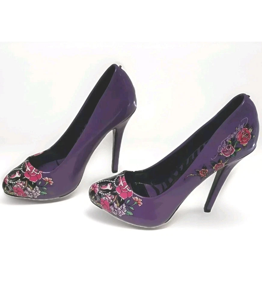 ED HARDY 高级紫色 4.5 英寸高跟鞋 6 码二手状况完好 — 第 3/4 张图片