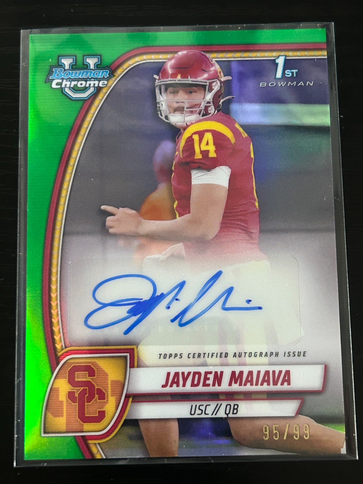 Jayden Maiava 2024 Bowman University Chrome USC Rookie Auto Green /99