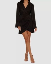 Adrianna Papell Women's Black Satin V-Neck Long Sleeve Faux Wrap Dress Sz 16