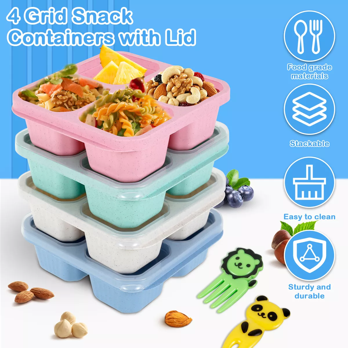 4 Pack Snack Containers with Clear Lids 4 Compartment Bento Lunch Box US