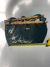 Hand painted Purse Bamboo Handles Made In Japan GREEN Medium Sz VTG