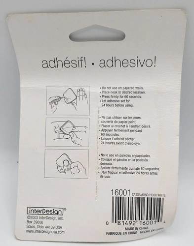 InterDesign 16001 Self Adhesive Wardrobe Hook, White. Factory Sealed New! - Picture 2 of 3