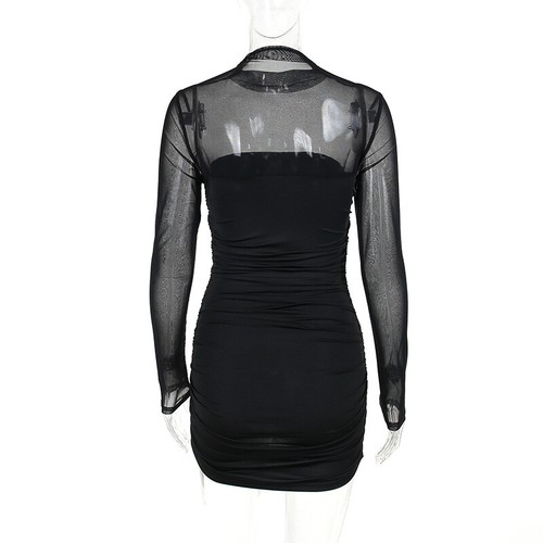 Damen Langarm Bodycon Schmal Abend Cocktail Party Durchsichtig Minikleider - Bild 13 von 14