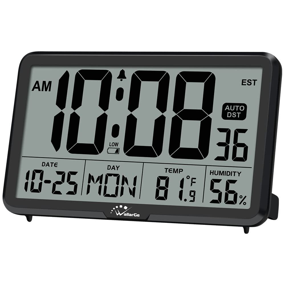 WallarGe Auto Set Digital Wall Clock Temperature Humidity Date 8 Time Zones