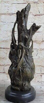 Female Figurative Bronze Metal Vase Sculpture Statue Decor Marble Base with Girl