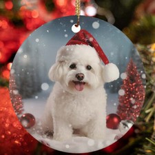 Cute Bichon Frise Dog Santa Hat Snow Winter Christmas Ornament Gift Tree Decor