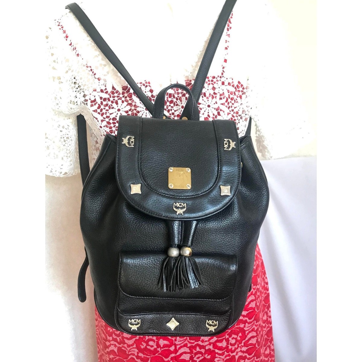 Vintage MCM black backpack with golden studded logo motifs  display picture 3