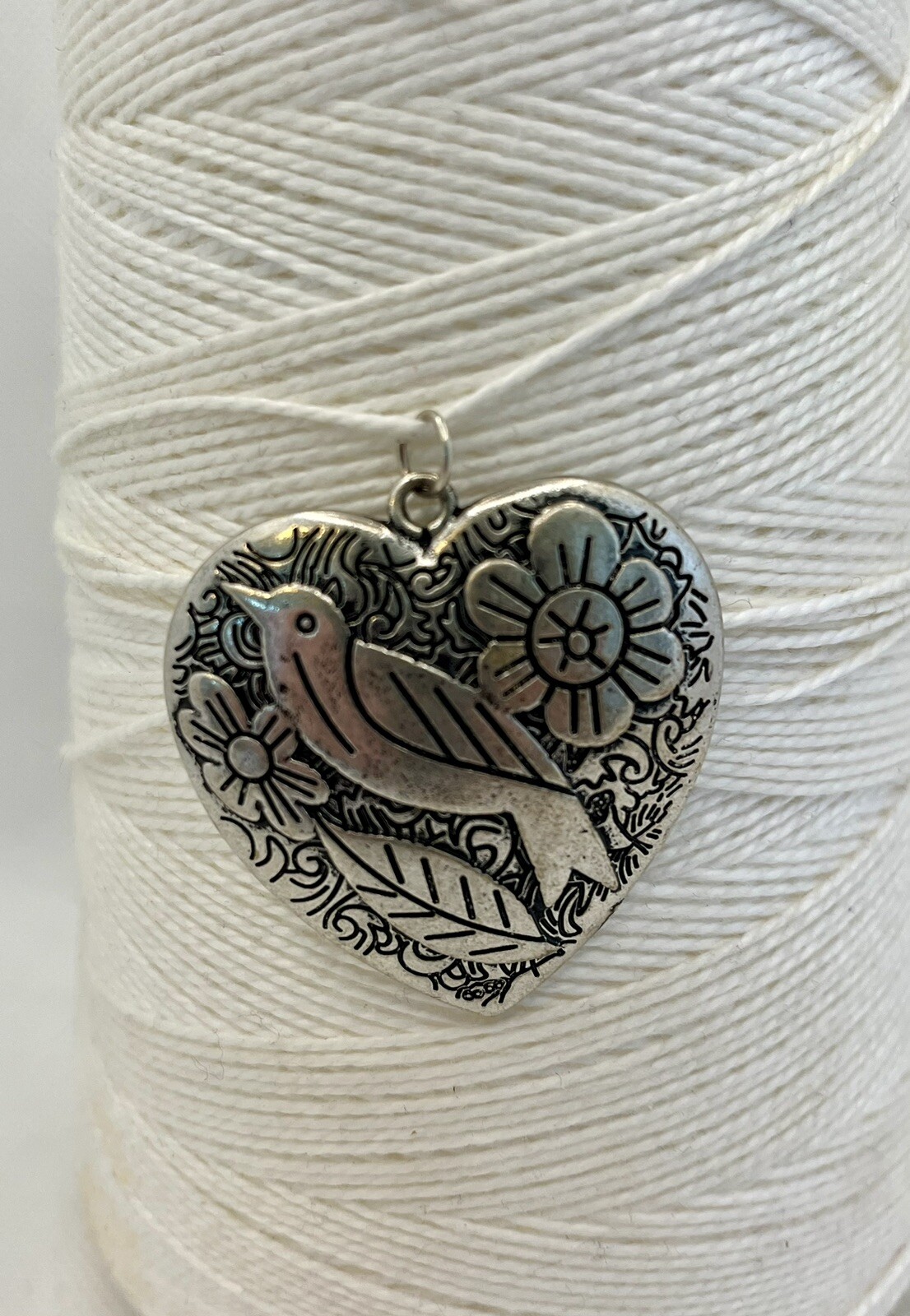Silver Tone Metal Floral Bird Leaf Heart Pendant 2”, vintage jewelry