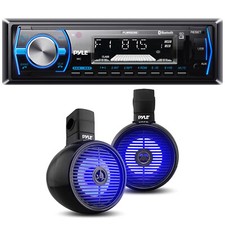 Pyle PLMRB29B 1-Din Receiver  1 Pair of 8" 300W 2-Way Marine LED Black Speakers