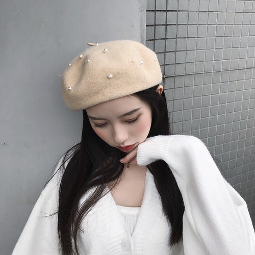 Wool Pearl Girl Beret Hat Beret Hat (Beige) Fashion Girls Beret - Picture 3 of 12