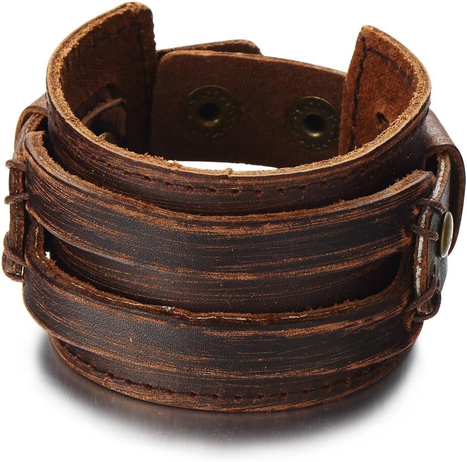 Metallic Brown Genuine Leather Wide Men's Bracelet with Snap Closure