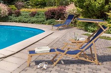Chaise longue de jardin bleue, chilienne, bain de soleil pliant, en bois naturel