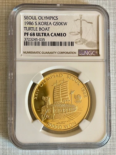 South Korea 1986 50KW Olympics - Turtle Boat Gold Coin NGC PF68 UC Sku# 4862