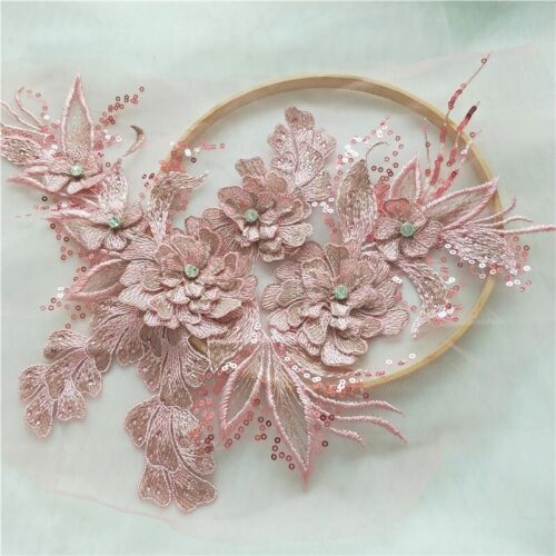 Embroidery Lace Applique 3D Sequin Patch DIY Wedding Dress Sewing Trimming Craft - Picture 8 of 22