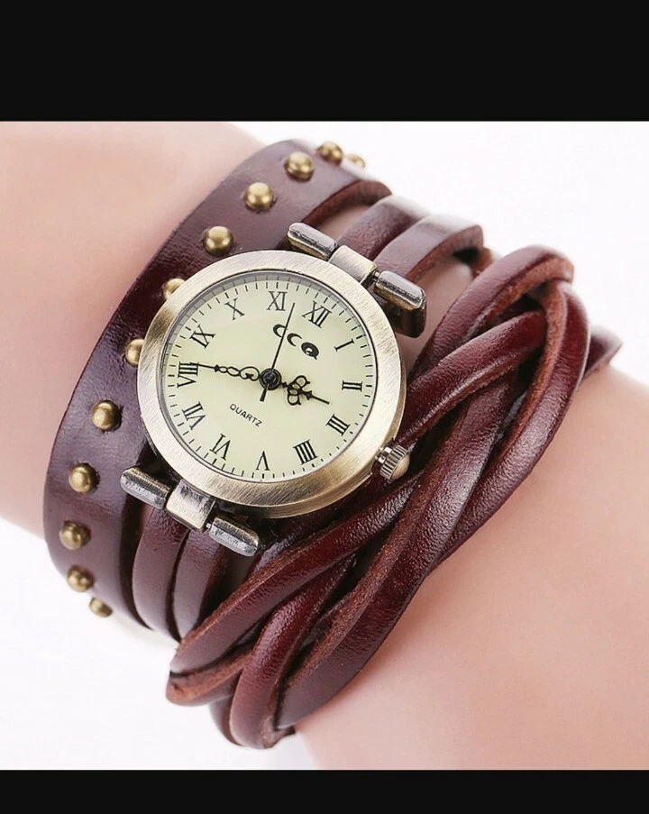 CCQ brown vintage style Quartz bracelet Womens Watch Leather Stainless Steel