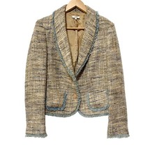 Vintage Cache Tweed Blazer Jacket Size 10 Tan Blue Frayed Trim Lined Classic