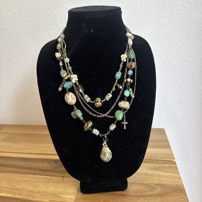 Designer Sterling Silver Turquoise Glass 925 Multi-Stand Statement Necklace