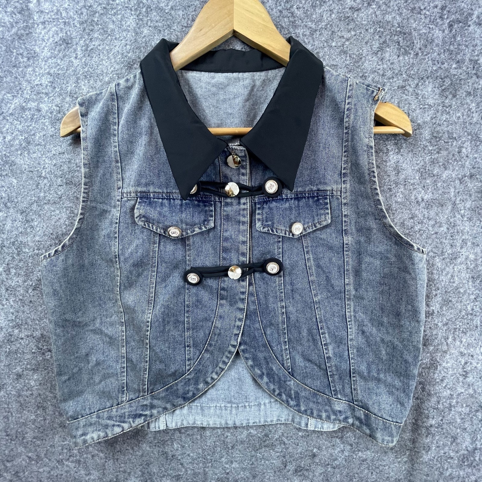 Vintage Womens Cropped Denim Vest M/L Schnauzer Dog 90s Grunge Cute Gothic Edgy