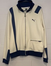 VTG Puma Mens Full Zipper Track Jacket Sz M Cream Color Blue Logo Classic Vibe