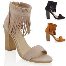 Womens Ankle Strap Fringe Block Heel Sandals Peep Toe Strappy Shoes