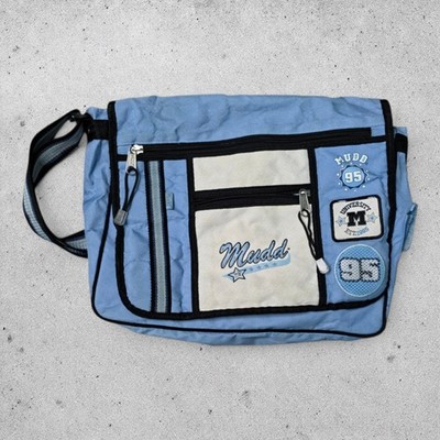 Vintage 2000s Mudd 15'' Messager Shoulder Bag Blue/White Spellout University Zip
