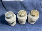 1940s Hazel Atlas Milk Glass Beehive Green Letters Salt, Pepper,Flour Shakers — photo 2
